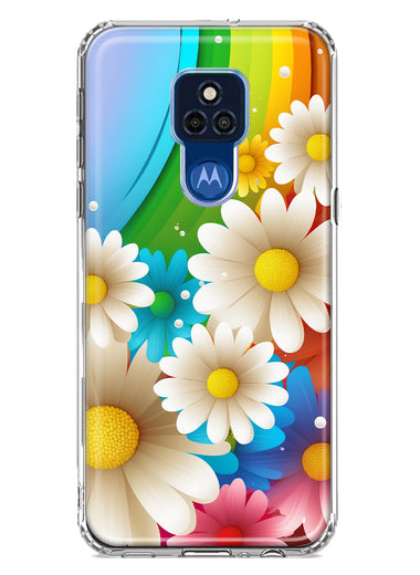 Motorola Moto G Play 2021 Colorful Rainbow Daisies Blue Pink White Green Double Layer Phone Case Cover