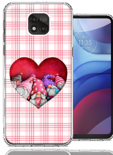 Motorola Moto G Power 2021 Valentine's Day Garden Gnomes Heart Love Pink Plaid Double Layer Phone Case Cover