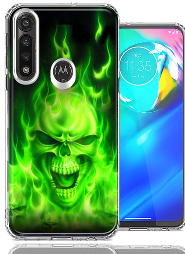 Motorola G Power Green Flaming Skull Design Double Layer Phone Case Cover