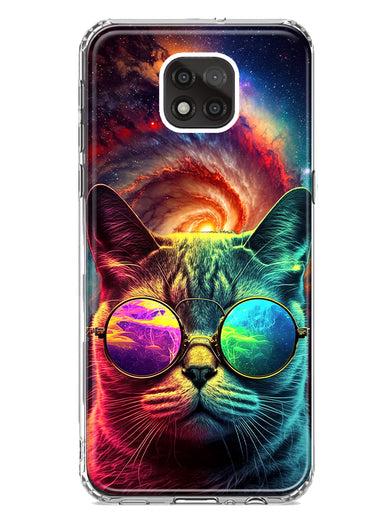 Motorola Moto G Power 2021 Neon Rainbow Galaxy Cat Hybrid Protective Phone Case Cover