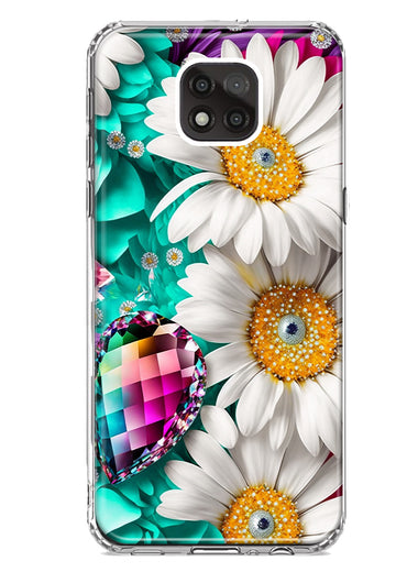 Motorola Moto G Power 2021 Colorful Crystal White Daisies Rainbow Gems Teal Double Layer Phone Case Cover