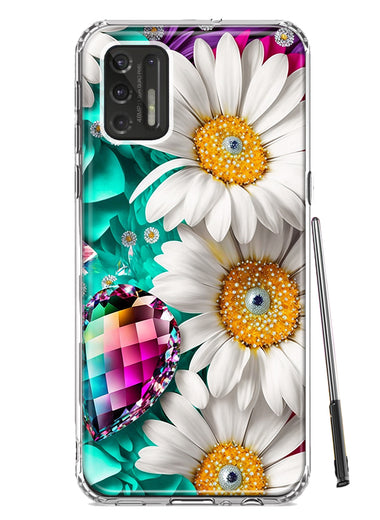 Motorola Moto G Stylus 2021 Colorful Crystal White Daisies Rainbow Gems Teal Double Layer Phone Case Cover