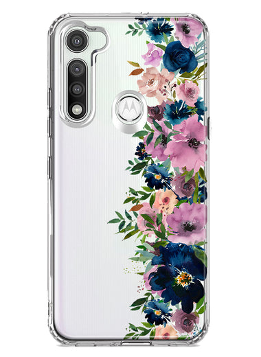 Motorola Moto G Fast Navy Blue Summer Watercolor Floral Classic Purple Flowers Hybrid Protective Phone Case Cover
