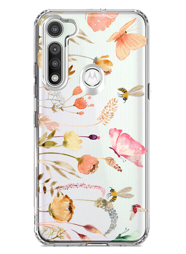 Motorola Moto G Fast Peach Meadow Wildflowers Butterflies Bees Watercolor Floral Hybrid Protective Phone Case Cover