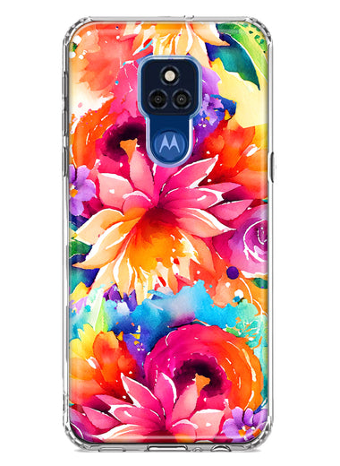 Motorola Moto G Play 2021 Watercolor Paint Summer Rainbow Flowers Bouquet Bloom Floral Hybrid Protective Phone Case Cover