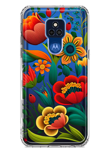 Motorola Moto G Play 2021 Colorful Red Orange Folk Style Floral Vibrant Spring Flowers Hybrid Protective Phone Case Cover