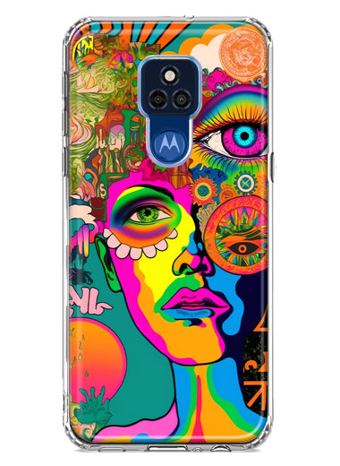 Motorola Moto G Play 2021 Neon Rainbow Psychedelic Hippie One Eye Pop Art Hybrid Protective Phone Case Cover