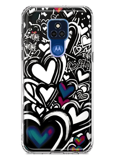 Motorola Moto G Play 2021 Black White Hearts Love Graffiti Hybrid Protective Phone Case Cover