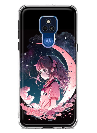 Motorola Moto G Play 2021 Kawaii Manga Pink Cherry Blossom Dreaming Moon Girl Hybrid Protective Phone Case Cover