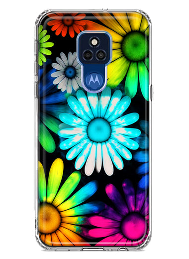 Motorola Moto G Play 2021 Neon Rainbow Daisy Glow Colorful Daisies Baby Blue Pink Yellow White Double Layer Phone Case Cover