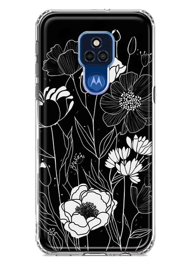 Motorola Moto G Play 2021 Line Drawing Art White Floral Flowers Hybrid Protective Phone Case Cover