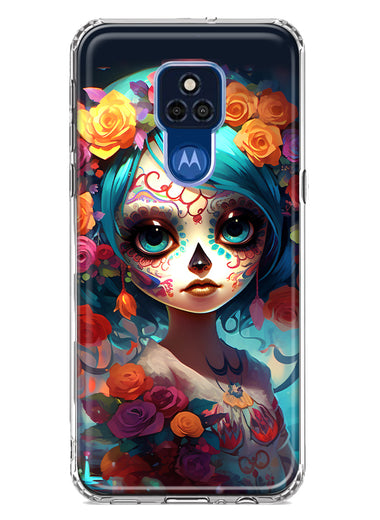 Motorola Moto G Play 2021 Halloween Spooky Colorful Day of the Dead Skull Girl Hybrid Protective Phone Case Cover