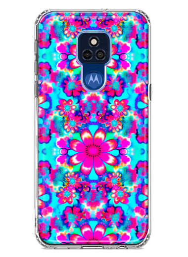 Motorola Moto G Play 2021 Pink Blue Vintage Hippie Tie Dye Flowers Hybrid Protective Phone Case Cover