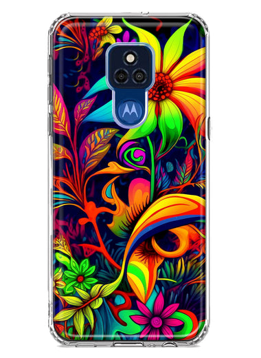 Motorola Moto G Play 2021 Neon Rainbow Psychedelic Trippy Hippie Daisy Flowers Hybrid Protective Phone Case Cover