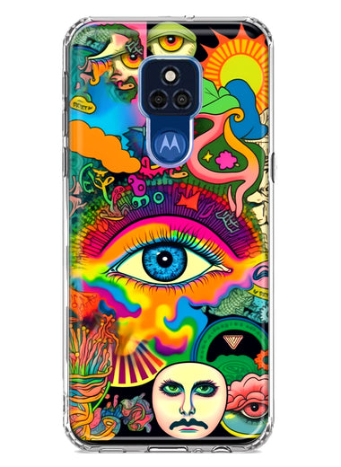 Motorola Moto G Play 2021 Neon Rainbow Psychedelic Trippy Hippie Multiple Eyes Hybrid Protective Phone Case Cover