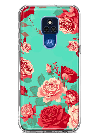 Motorola Moto G Play 2021 Turquoise Teal Vintage Pastel Pink Red Roses Double Layer Phone Case Cover