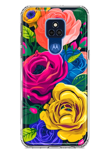 Motorola Moto G Play 2021 Vintage Pastel Abstract Colorful Pink Yellow Blue Roses Double Layer Phone Case Cover