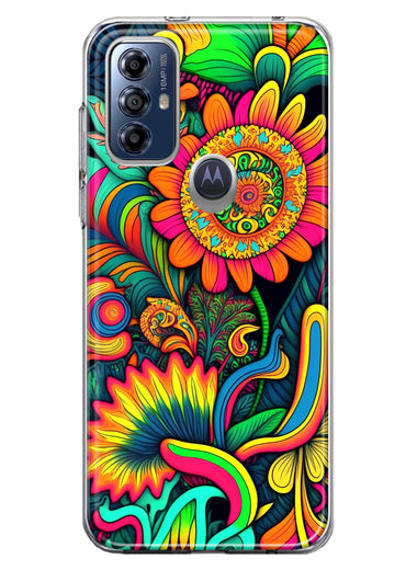Motorola Moto G Play 2023 Neon Rainbow Psychedelic Indie Hippie Sunflowers Hybrid Protective Phone Case Cover