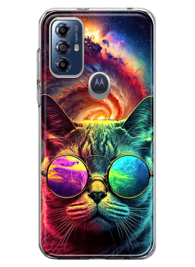 Motorola Moto G Play 2023 Neon Rainbow Galaxy Cat Hybrid Protective Phone Case Cover