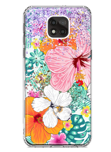 Motorola Moto G Power 2021 Hawaiian Vibes Hibiscus Flowers Monstera Vacation Summer Hybrid Protective Phone Case Cover