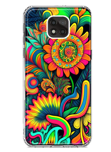 Motorola Moto G Power 2021 Neon Rainbow Psychedelic Indie Hippie Sunflowers Hybrid Protective Phone Case Cover