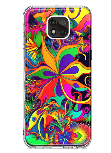 Motorola Moto G Power 2021 Neon Rainbow Psychedelic Hippie Wild Flowers Hybrid Protective Phone Case Cover