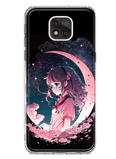 Motorola Moto G Power 2021 Kawaii Manga Pink Cherry Blossom Dreaming Moon Girl Hybrid Protective Phone Case Cover
