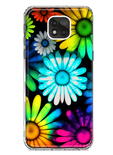 Motorola Moto G Power 2021 Neon Rainbow Daisy Glow Colorful Daisies Baby Blue Pink Yellow White Double Layer Phone Case Cover
