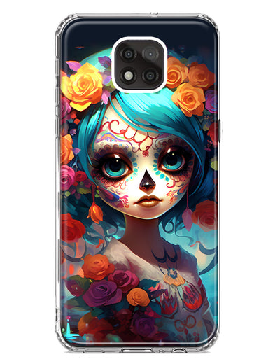Motorola Moto G Power 2021 Halloween Spooky Colorful Day of the Dead Skull Girl Hybrid Protective Phone Case Cover