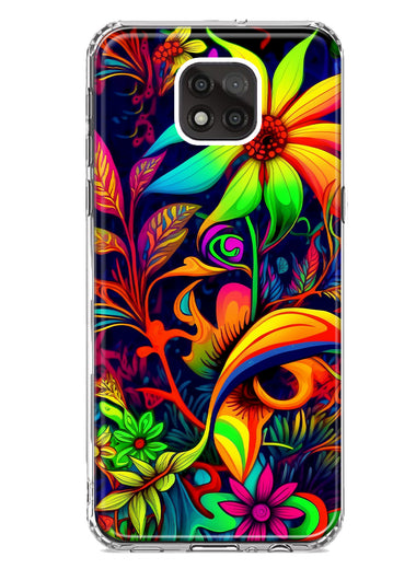 Motorola Moto G Power 2021 Neon Rainbow Psychedelic Trippy Hippie Daisy Flowers Hybrid Protective Phone Case Cover