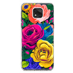 Motorola Moto G Power 2021 Vintage Pastel Abstract Colorful Pink Yellow Blue Roses Double Layer Phone Case Cover