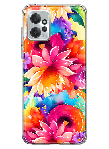 Motorola Moto G Power 2023 Watercolor Paint Summer Rainbow Flowers Bouquet Bloom Floral Hybrid Protective Phone Case Cover