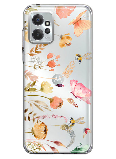 Motorola Moto G Power 2023 Peach Meadow Wildflowers Butterflies Bees Watercolor Floral Hybrid Protective Phone Case Cover