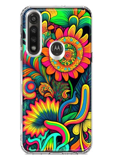 Motorola Moto G Power Neon Rainbow Psychedelic Indie Hippie Sunflowers Hybrid Protective Phone Case Cover
