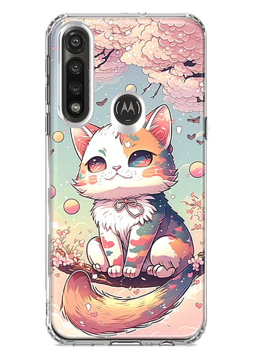 Motorola G Power 2020 Kawaii Manga Pink Cherry Blossom Cute Cat Hybrid Protective Phone Case Cover