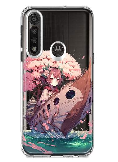 Motorola G Power 2020 Kawaii Manga Pink Cherry Blossom Japanese Girl Boat Hybrid Protective Phone Case Cover