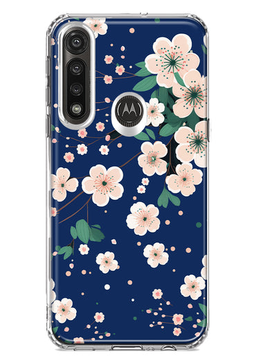 Motorola G Power 2020 Kawaii Japanese Pink Cherry Blossom Navy Blue Hybrid Protective Phone Case Cover