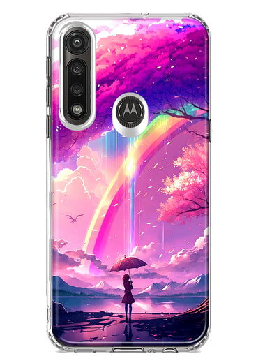 Motorola G Power 2020 Kawaii Manga Pink Cherry Blossom Japanese Rainbow Girl Hybrid Protective Phone Case Cover