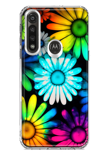 Motorola Moto G Power Neon Rainbow Daisy Glow Colorful Daisies Baby Blue Pink Yellow White Double Layer Phone Case Cover