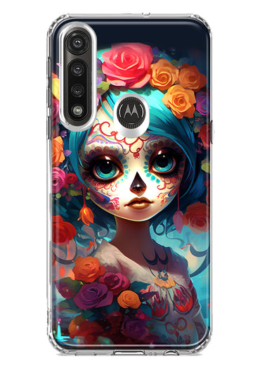 Motorola G Power 2020 Halloween Spooky Colorful Day of the Dead Skull Girl Hybrid Protective Phone Case Cover