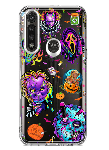 Motorola G Power 2020 Cute Halloween Spooky Horror Scary Neon Characters Hybrid Protective Phone Case Cover