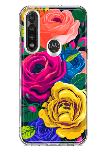Motorola Moto G Power Vintage Pastel Abstract Colorful Pink Yellow Blue Roses Double Layer Phone Case Cover