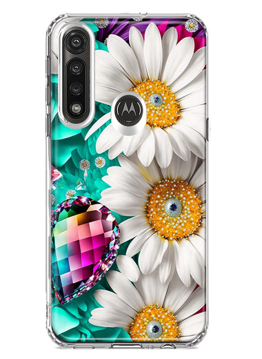 Motorola Moto G Power Colorful Crystal White Daisies Rainbow Gems Teal Double Layer Phone Case Cover
