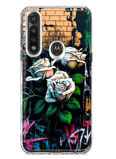 Motorola G Power 2020 White Roses Graffiti Wall Art Painting Hybrid Protective Phone Case Cover
