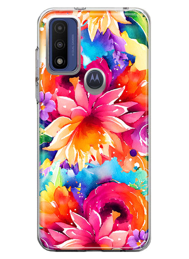 Motorola Moto G Pure 2021 G Power 2022 Watercolor Paint Summer Rainbow Flowers Bouquet Bloom Floral Hybrid Protective Phone Case Cover