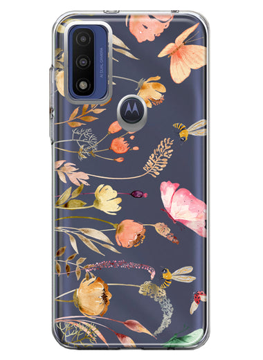 Motorola Moto G Play 2023 Peach Meadow Wildflowers Butterflies Bees Watercolor Floral Hybrid Protective Phone Case Cover
