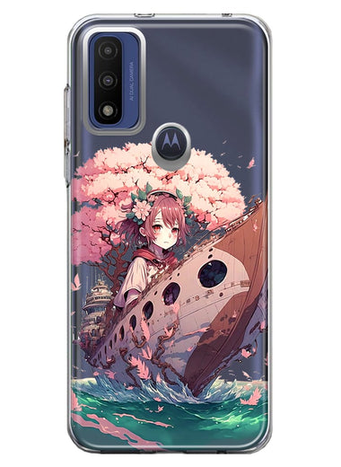Motorola Moto G Play 2023 Kawaii Manga Pink Cherry Blossom Japanese Girl Boat Hybrid Protective Phone Case Cover