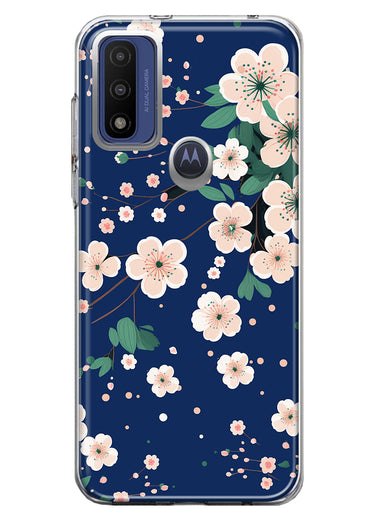 Motorola Moto G Play 2023 Kawaii Japanese Pink Cherry Blossom Navy Blue Hybrid Protective Phone Case Cover