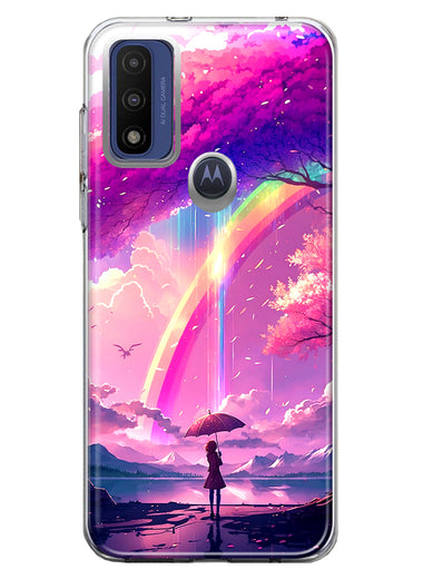 Motorola Moto G Play 2023 Kawaii Manga Pink Cherry Blossom Japanese Rainbow Girl Hybrid Protective Phone Case Cover