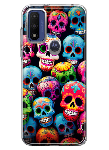 Motorola Moto G Play 2023 Halloween Spooky Colorful Day of the Dead Skulls Hybrid Protective Phone Case Cover